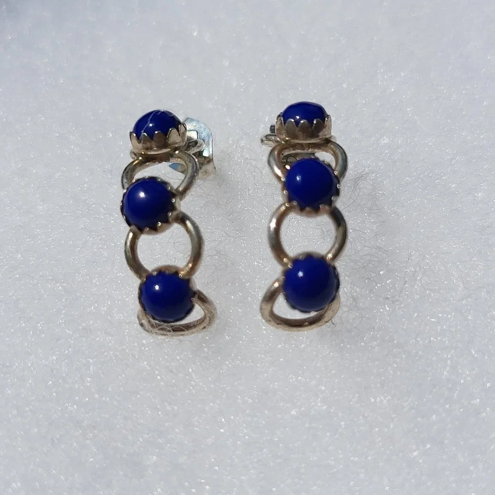 Vintage 925 Sterling Silver Lapis Lazuli J-Hoop Earrings Blue Cabochon Small